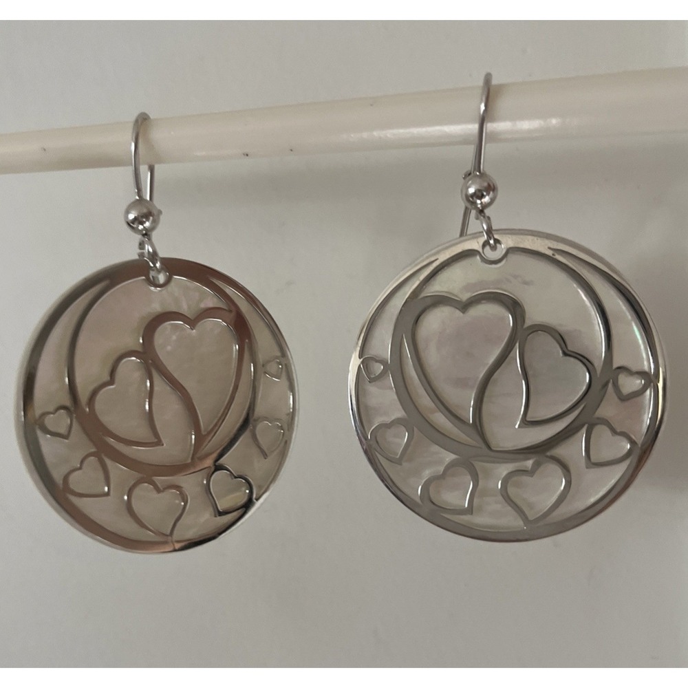 14K White Gold Italian Heart Filigree Drop‎ Earrings w/ Mother of Pearl Disc